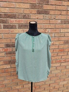 Max Studio Teal and White Geometric Tassel-Detail Blouse Size M
